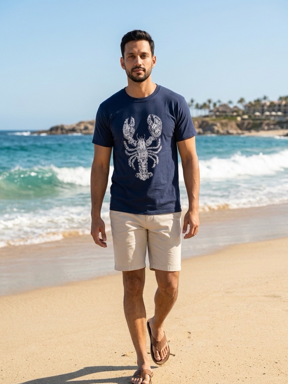 Men's Navy Lobster Graphic Tee - Beach-Ready Cotton Shirt - L